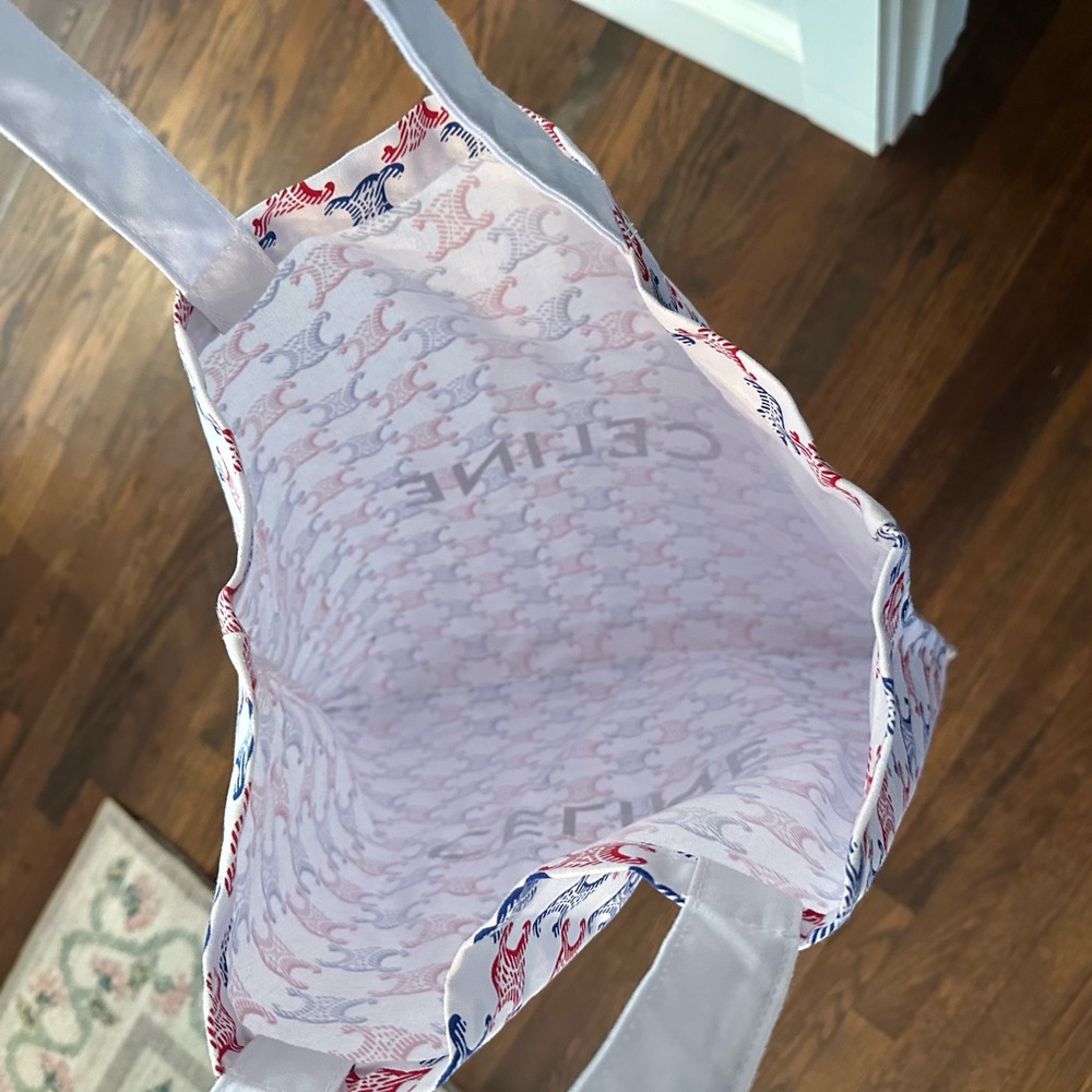 CELINE White Large Cloth Novelty Tote Bag with Red and Blue Triomphe Logos - Picture 4 of 4